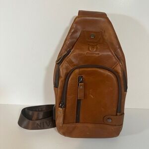 Bullcaptain Mens Leather Sling Bag Crossbody Chest Pack Brown USB Port YB072